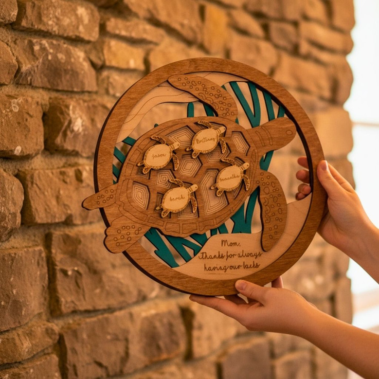 Personalized Sea Turtle Family Wood Sign - Gift For Mom Or Grandma With 'Thanks For Having Our Backs' Message