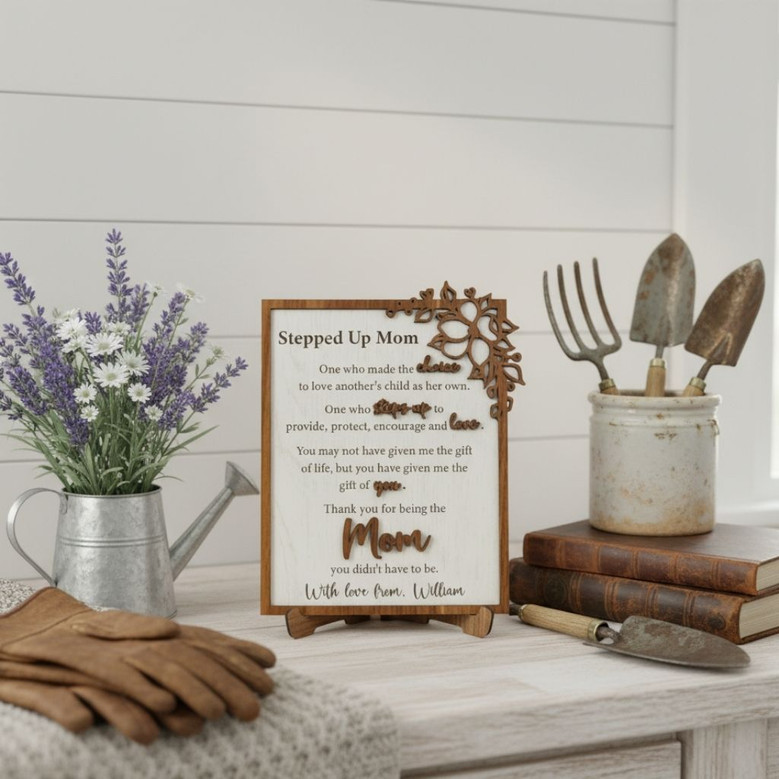 Personalized Stepped Up Mom Floral Wood Sign Gift For Step Mothers On Mother's Day