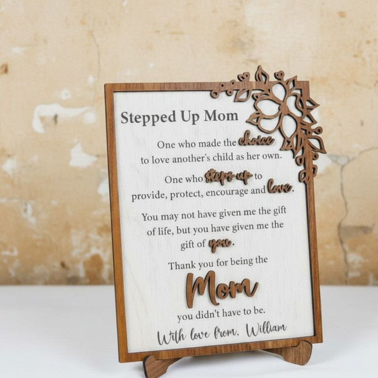 Personalized Stepped Up Mom Floral Wood Sign Gift For Step Mothers On Mother's Day