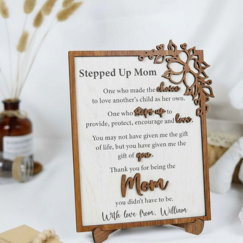 Personalized Stepped Up Mom Floral Wood Sign Gift For Step Mothers On Mother's Day