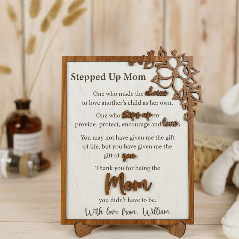 Personalized Stepped Up Mom Floral Wood Sign Gift For Step Mothers On Mother's Day