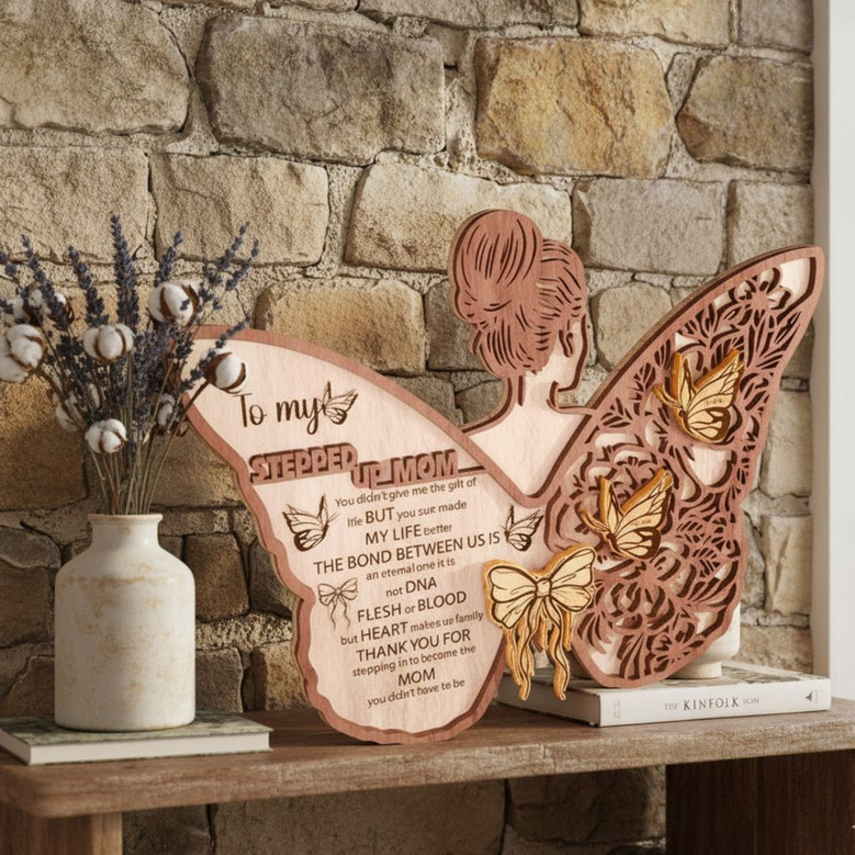 Touching Stepped Up Mom Wood Sign - Unique Birthday Presents For Bonus Mom