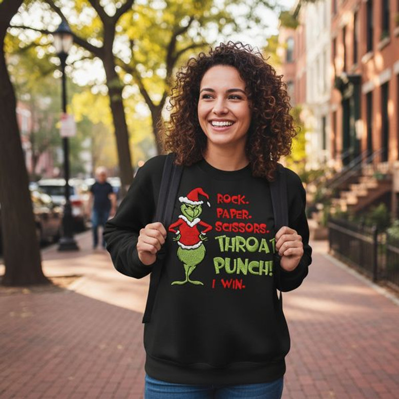 Rock Paper Scissors Grinch Christmas Embroidered Sweatshirt