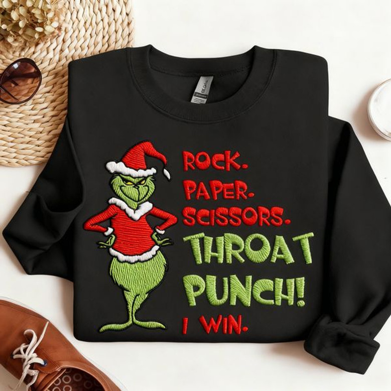 Rock Paper Scissors Grinch Christmas Embroidered Sweatshirt