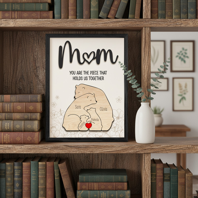 Engraved Bear Family Puzzle Wood Sign Custom Mother's Day Gift