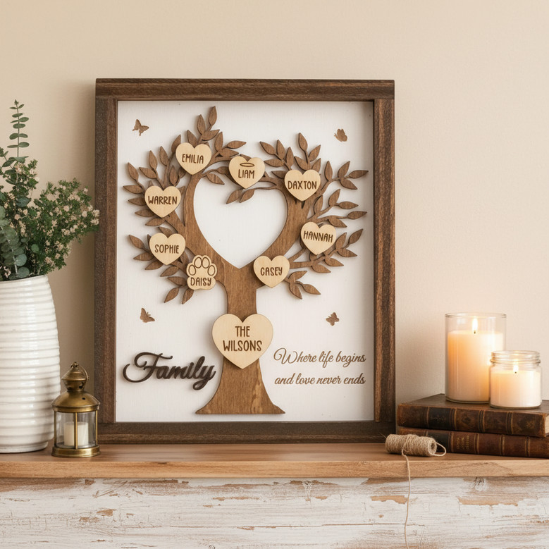 Heartfelt Family Tree Keepsake Wood Sign, Personalized Decor