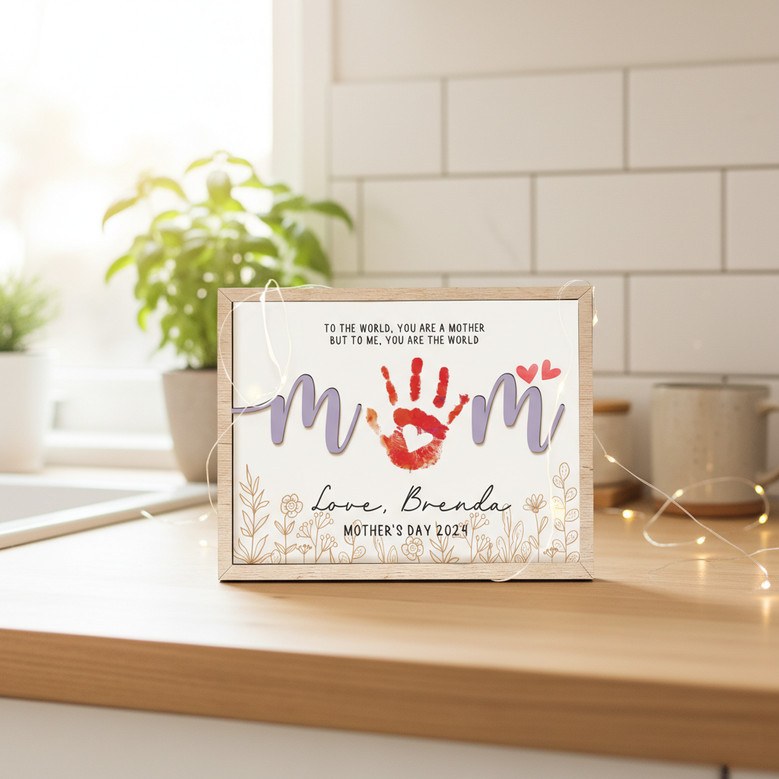 Mom's Engraved Love - Custom Handprint Wood Sign Keepsake