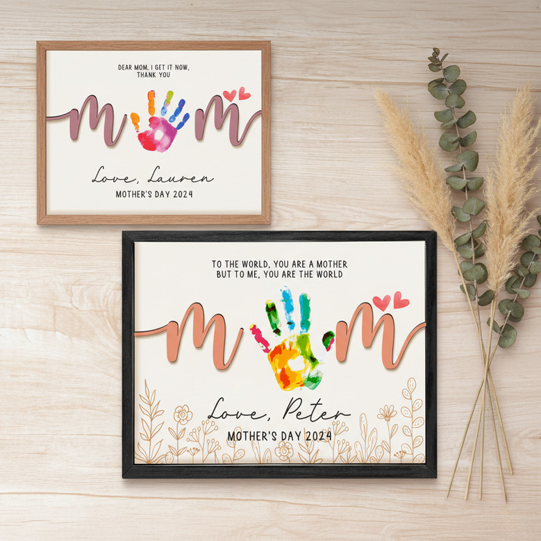Mom's Engraved Love - Custom Handprint Wood Sign Keepsake