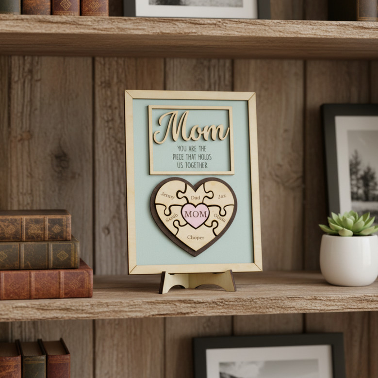 Mom's Heart Puzzle - Custom Family Wood Sign with Names