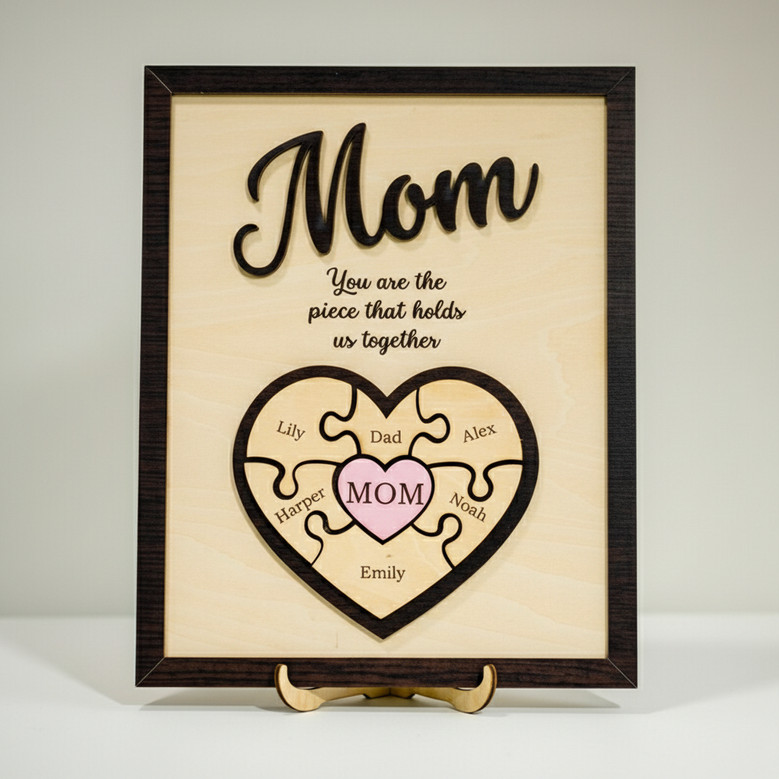 Mom's Heart Puzzle - Custom Family Wood Sign with Names