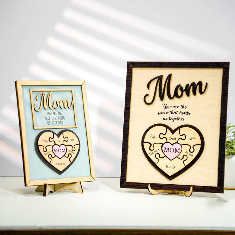 Mom's Heart Puzzle - Custom Family Wood Sign with Names