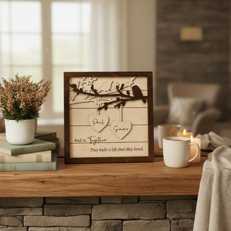 Names & Hearts Wood Sign - Personalized Couple Anniversary Art