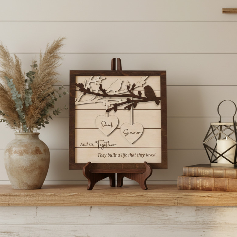 Names & Hearts Wood Sign - Personalized Couple Anniversary Art