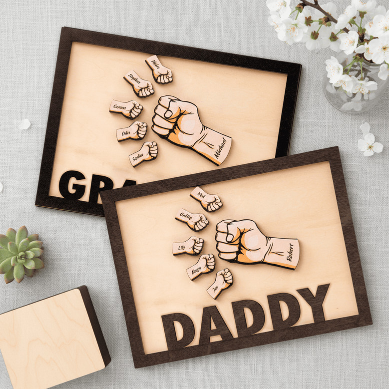 Custom Kids Names Fist Bump Wood Sign Plaque for Dad Papa