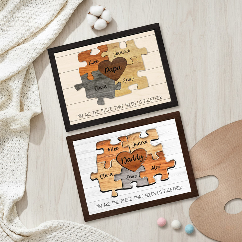 Dad's Piece of Our Heart Wood Sign - Personalized Puzzle Gift