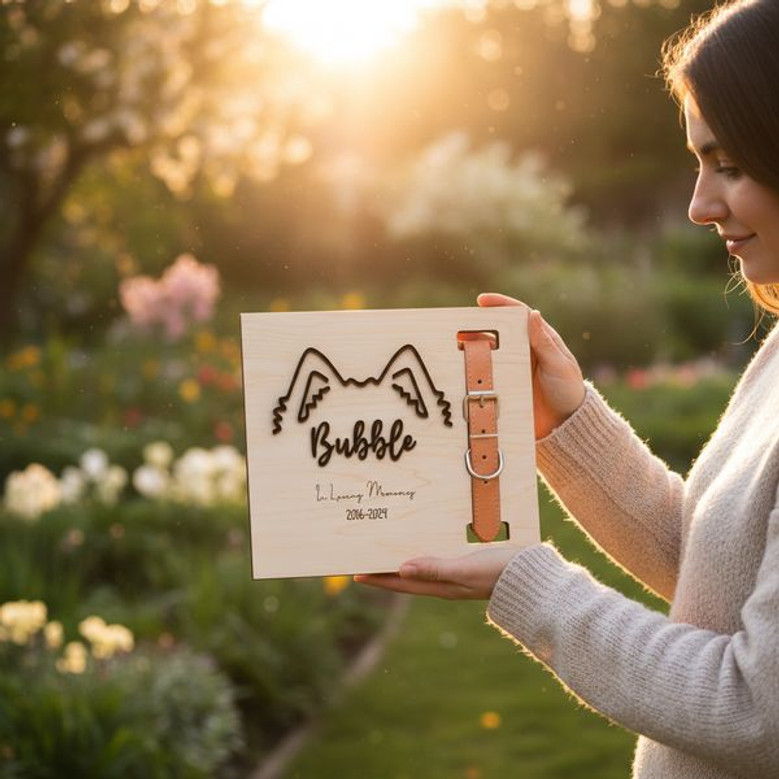 Cherished Pet Memory Wood Sign - Personalized Dog Cat Collar Frame
