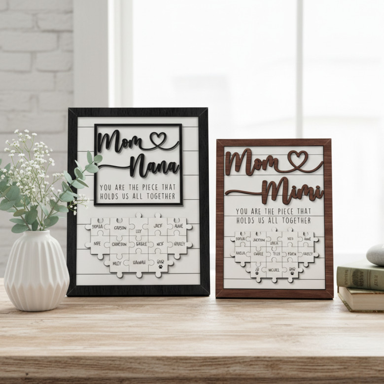 Mom's Love Connects Us - Personalized Family Puzzle Wood Sign