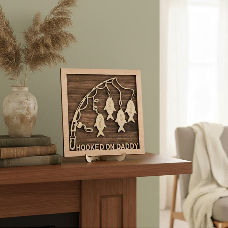 Personalized Fishing Wood Sign - Hooked on Dad, Grandpa, Papa