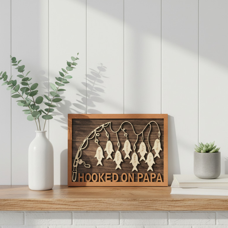 Personalized Fishing Wood Sign - Hooked on Dad, Grandpa, Papa