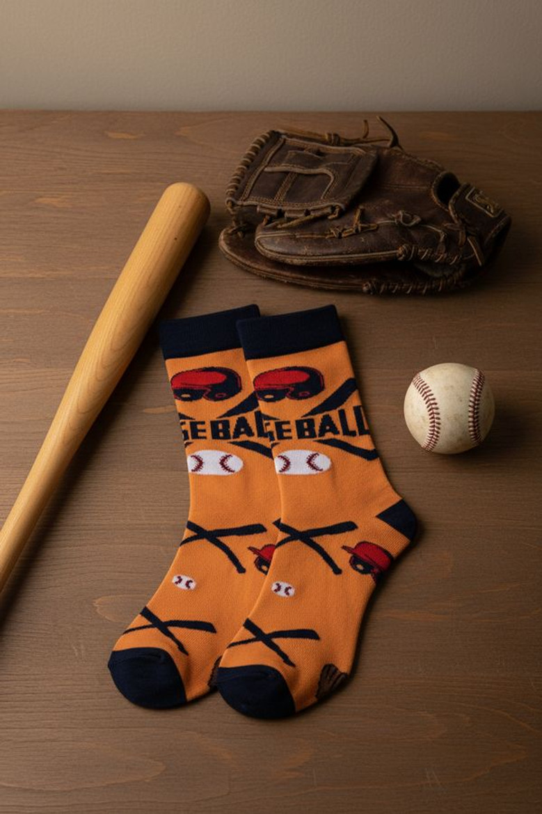 Orange Baseball Bat and Helmet 3D Socks Fun Crew Style Orange Baseball Bat and Helmet 3D Socks Fun Crew Style