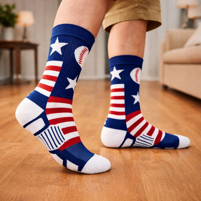 Patriotic USA Red White Blue Baseball 3D Crew Socks Patriotic USA Red White Blue Baseball 3D Crew Socks
