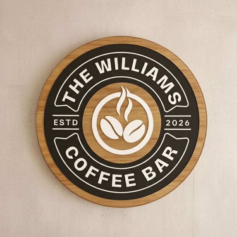 3D Coffee Corner Family Round Wood Sign, Custom Kitchen Decor