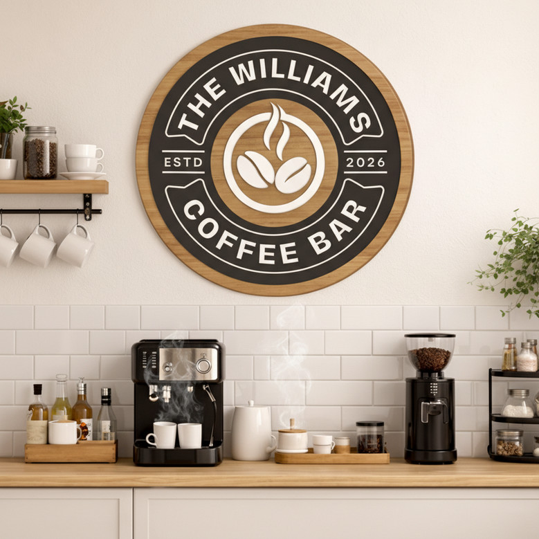 3D Coffee Corner Family Round Wood Sign, Custom Kitchen Decor