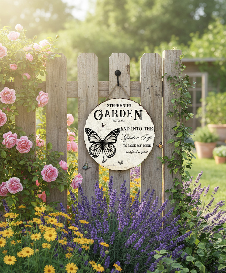 Butterfly Garden Family Round Wood Sign, Personalized Wall Art