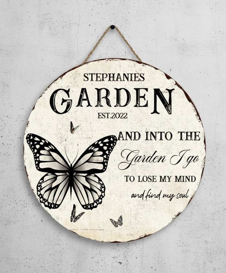Butterfly Garden Family Round Wood Sign, Personalized Wall Art