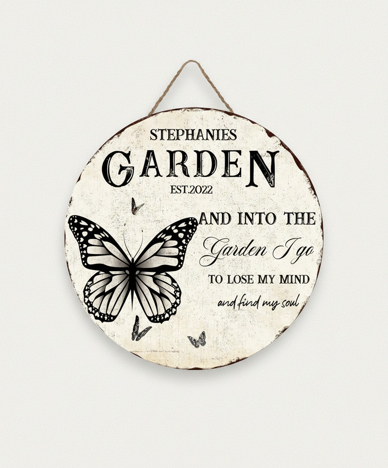 Butterfly Garden Family Round Wood Sign, Personalized Wall Art