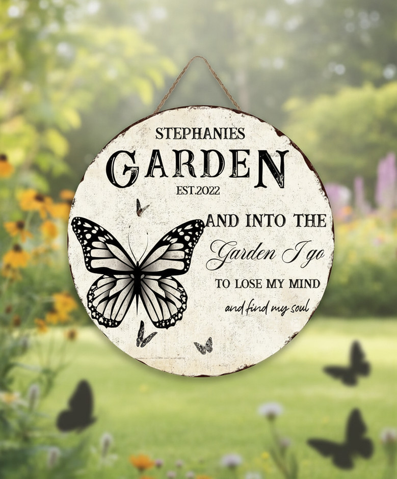 Butterfly Garden Family Round Wood Sign, Personalized Wall Art