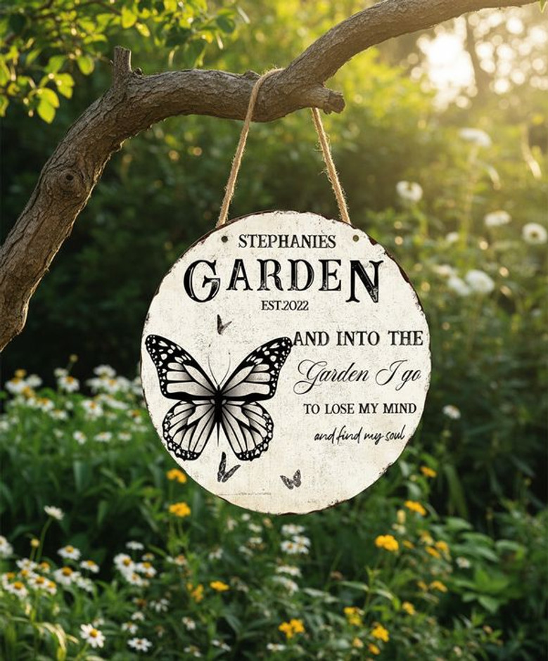 Butterfly Garden Family Round Wood Sign, Personalized Wall Art