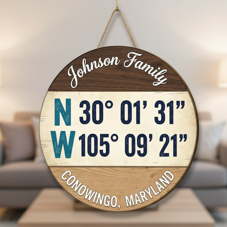 Custom GPS Coordinates Family Round Wood Sign, City & Home Decor