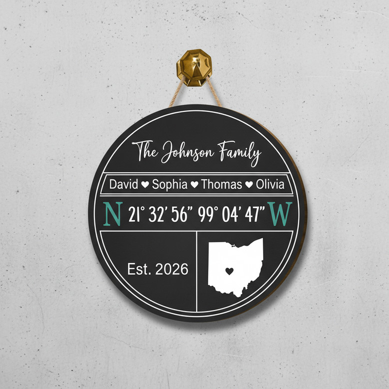 Custom GPS Family Round Wood Sign, Where Our Story Began