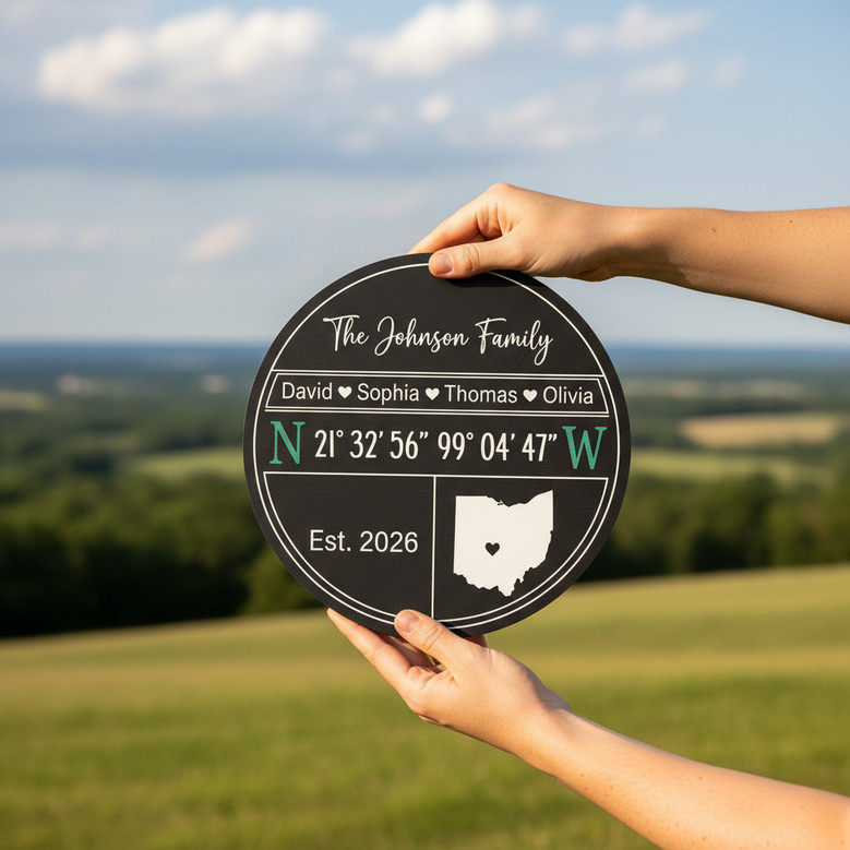 Custom GPS Family Round Wood Sign, Where Our Story Began