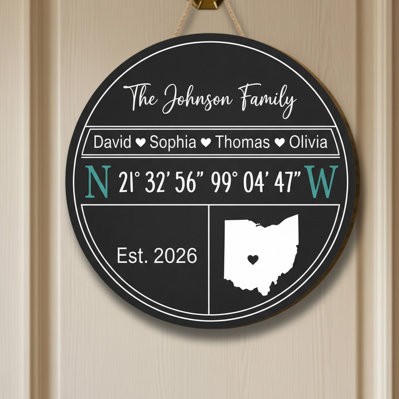 Custom GPS Family Round Wood Sign, Where Our Story Began