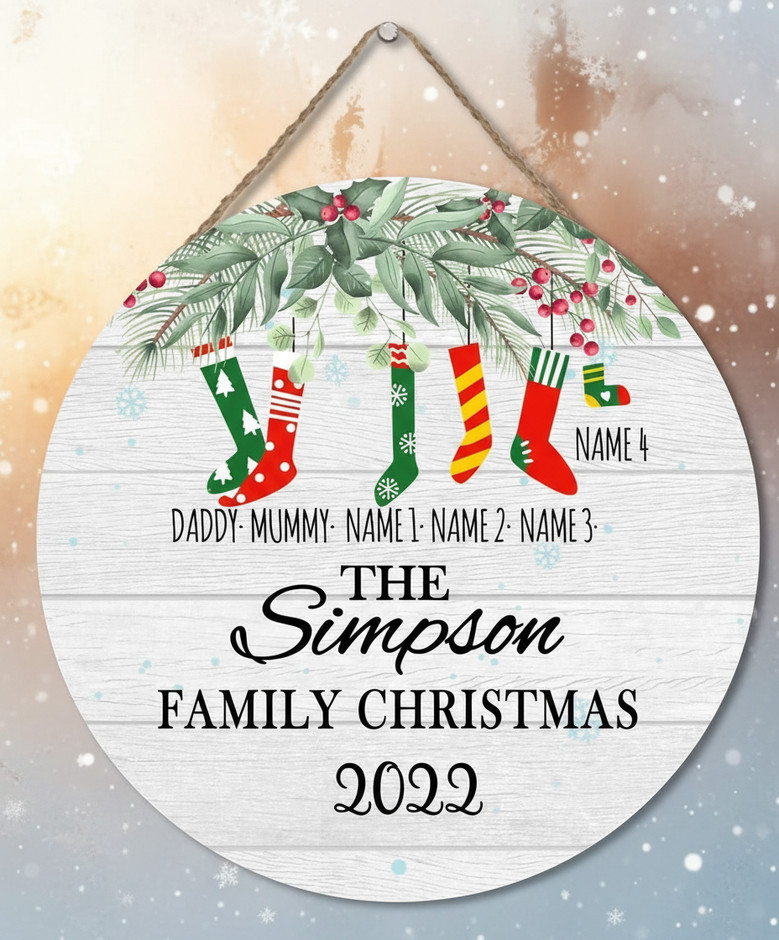 Custom Holiday Family Round Wood Sign, Festive Home Decor