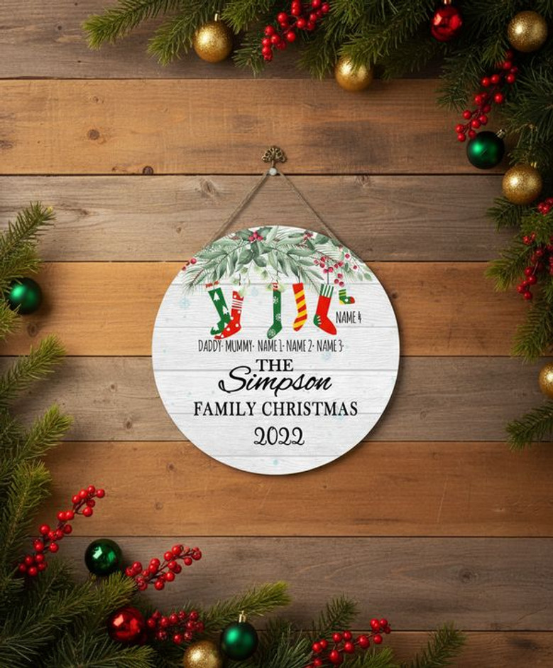 Custom Holiday Family Round Wood Sign, Festive Home Decor