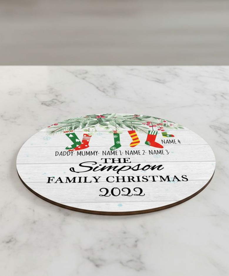 Custom Holiday Family Round Wood Sign, Festive Home Decor