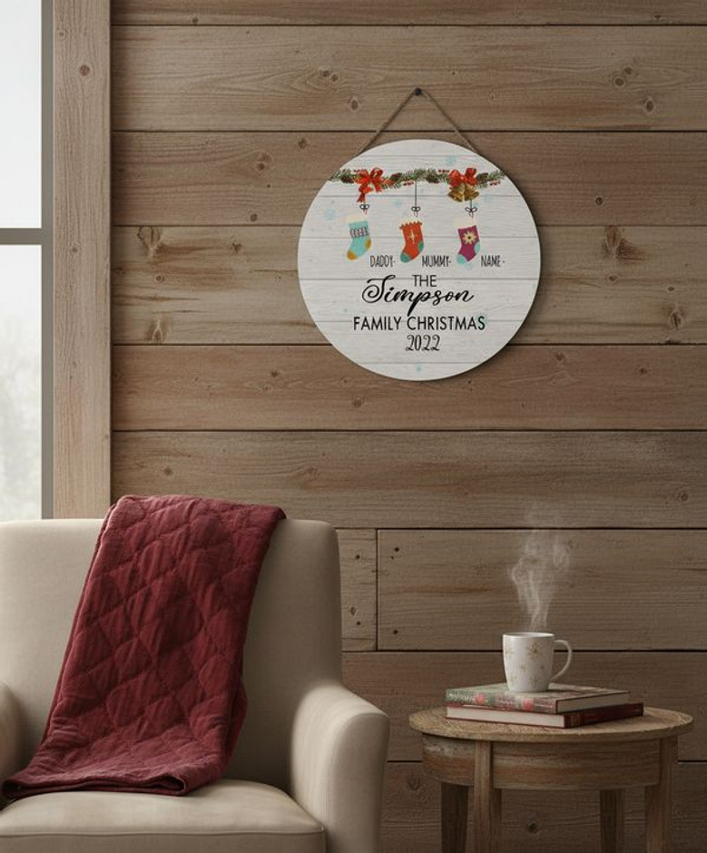 Family Name Christmas Round Wood Sign, Custom Holiday Decor