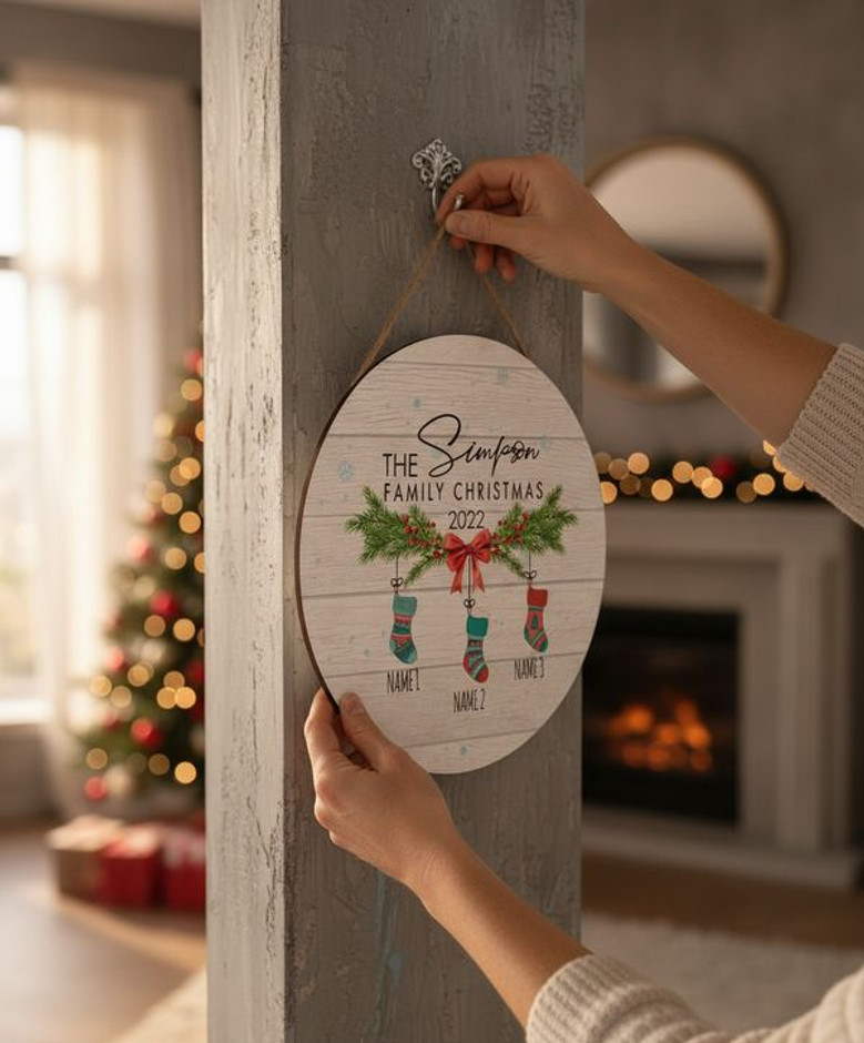 First Christmas Family Round Wood Sign, Personalized Keepsake