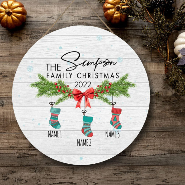 First Christmas Family Round Wood Sign, Personalized Keepsake