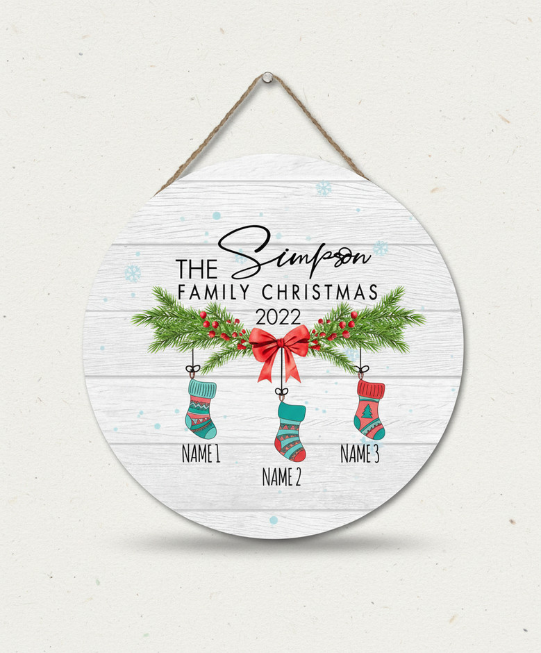 First Christmas Family Round Wood Sign, Personalized Keepsake