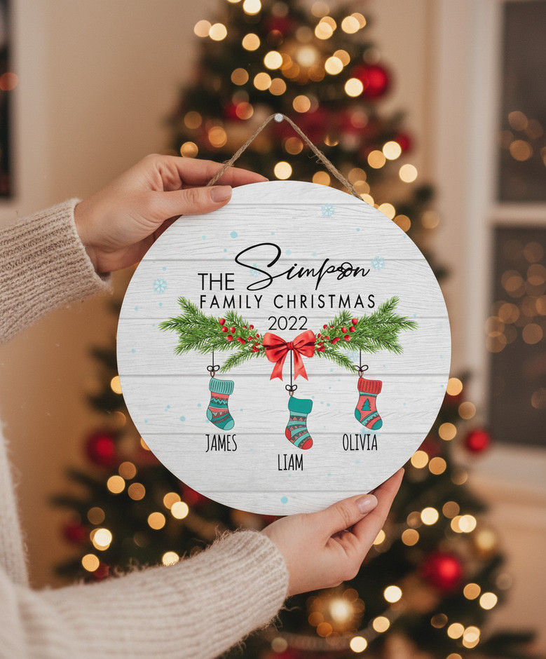 First Christmas Family Round Wood Sign, Personalized Keepsake