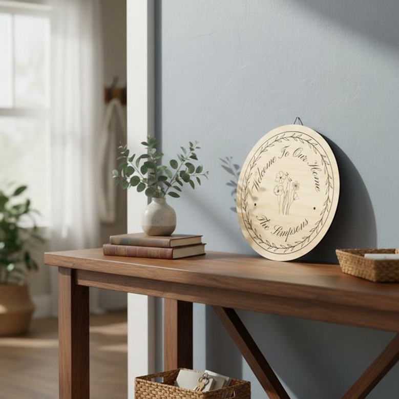 Floral Entryway Family Round Wood Sign, Personalized Home Decor