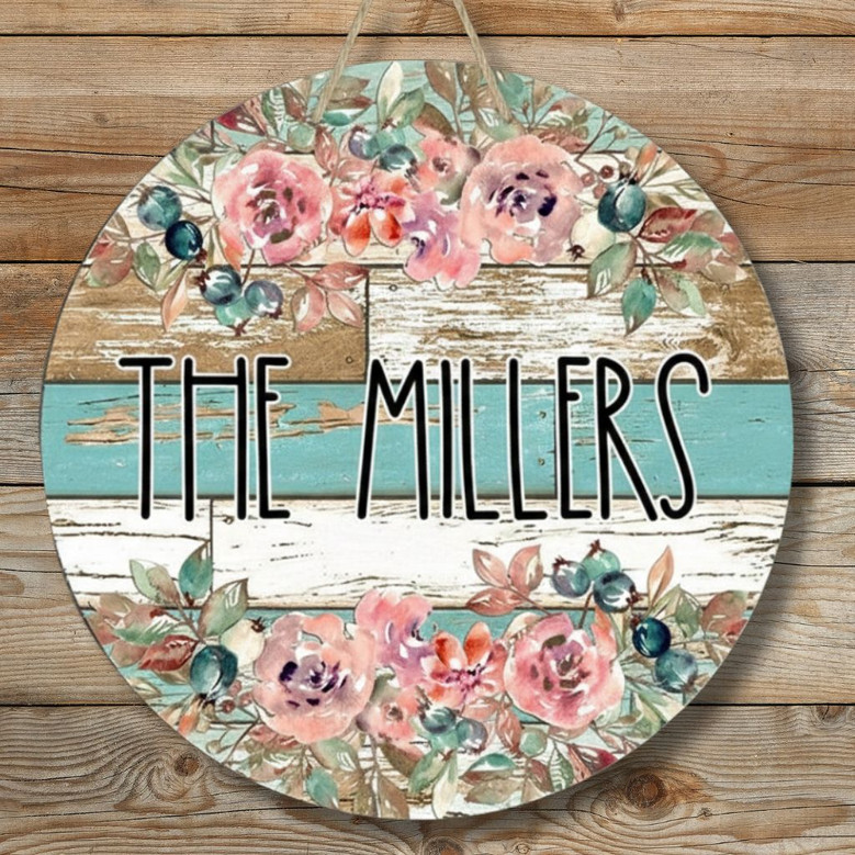 Floral Welcome Family Round Wood Sign, Personalized Farmhouse Decor
