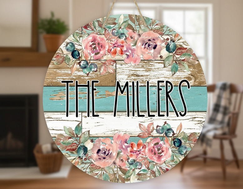 Floral Welcome Family Round Wood Sign, Personalized Farmhouse Decor