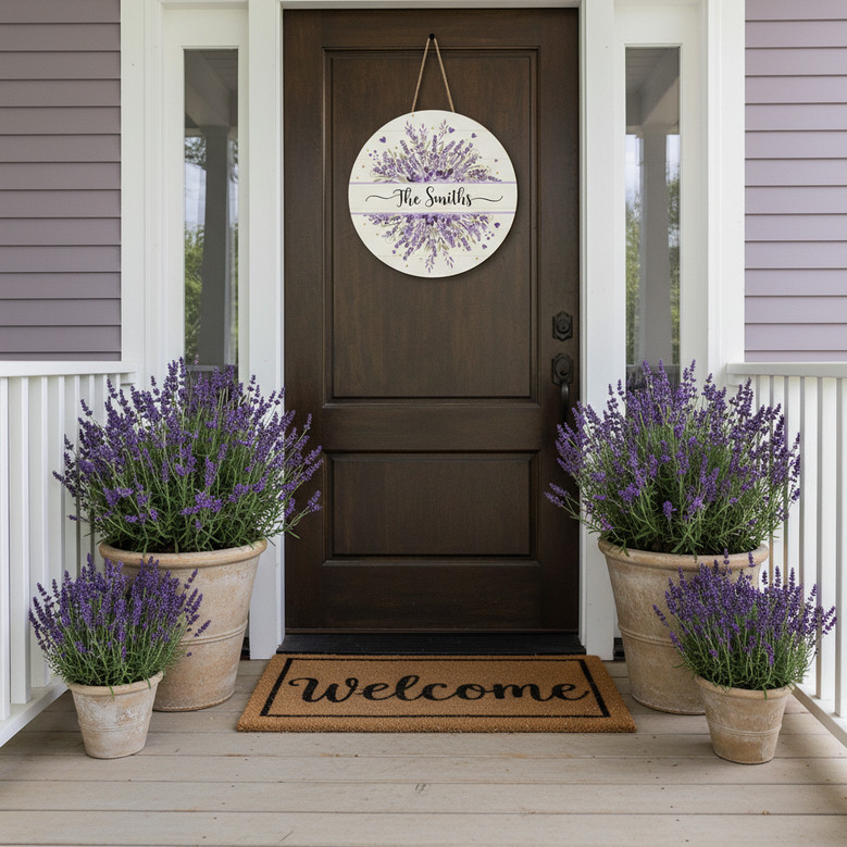 Lavender Floral Family Round Wood Sign, Custom Welcome Decor