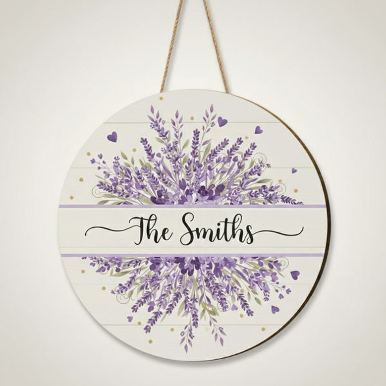 Lavender Floral Family Round Wood Sign, Custom Welcome Decor