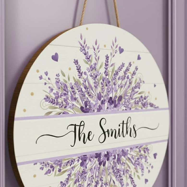 Lavender Floral Family Round Wood Sign, Custom Welcome Decor
